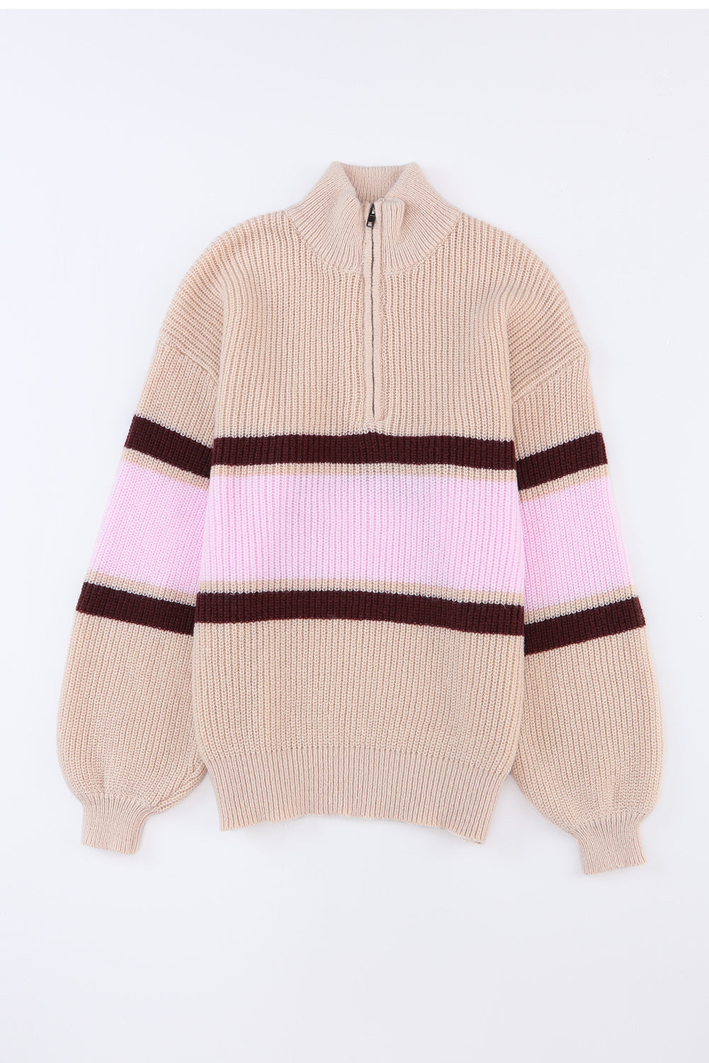 Apricot Stripes Print Quarter Zip Collared Knit Sweater