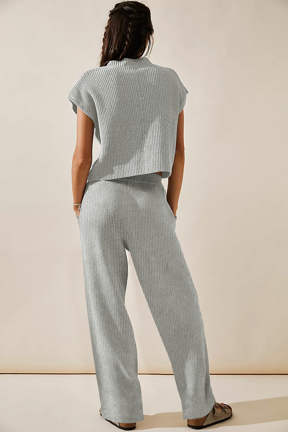 Gray Knitted V Neck and Casual Pants Set