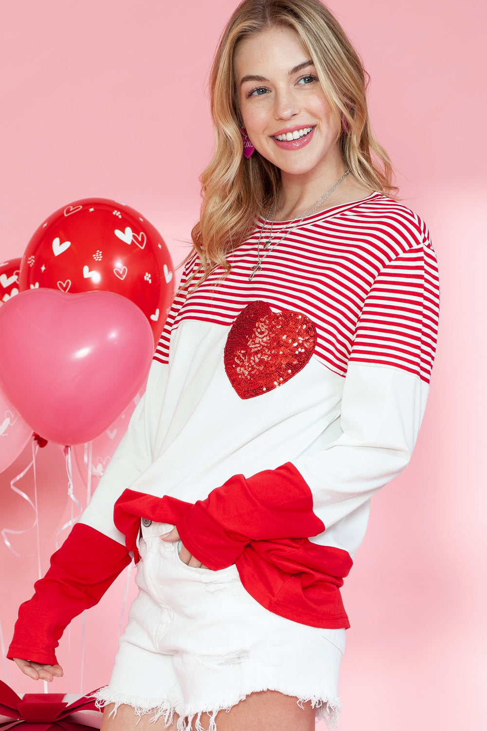 Red Striped Valentines Day Sequin Heart Long Sleeve Top