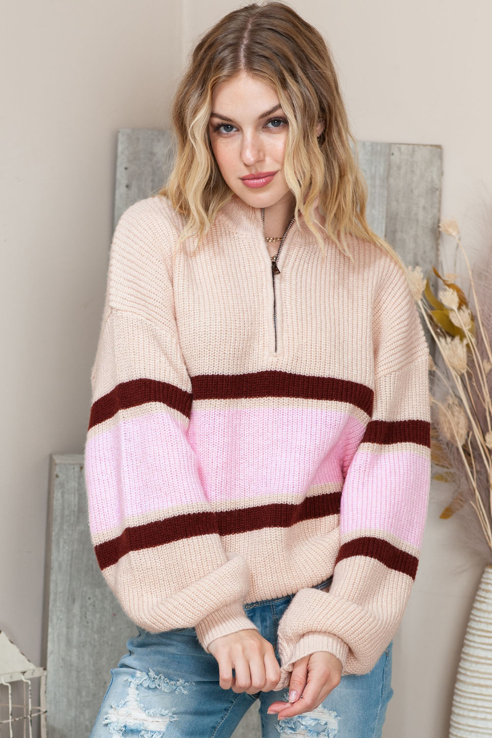 Apricot Stripes Print Quarter Zip Collared Knit Sweater