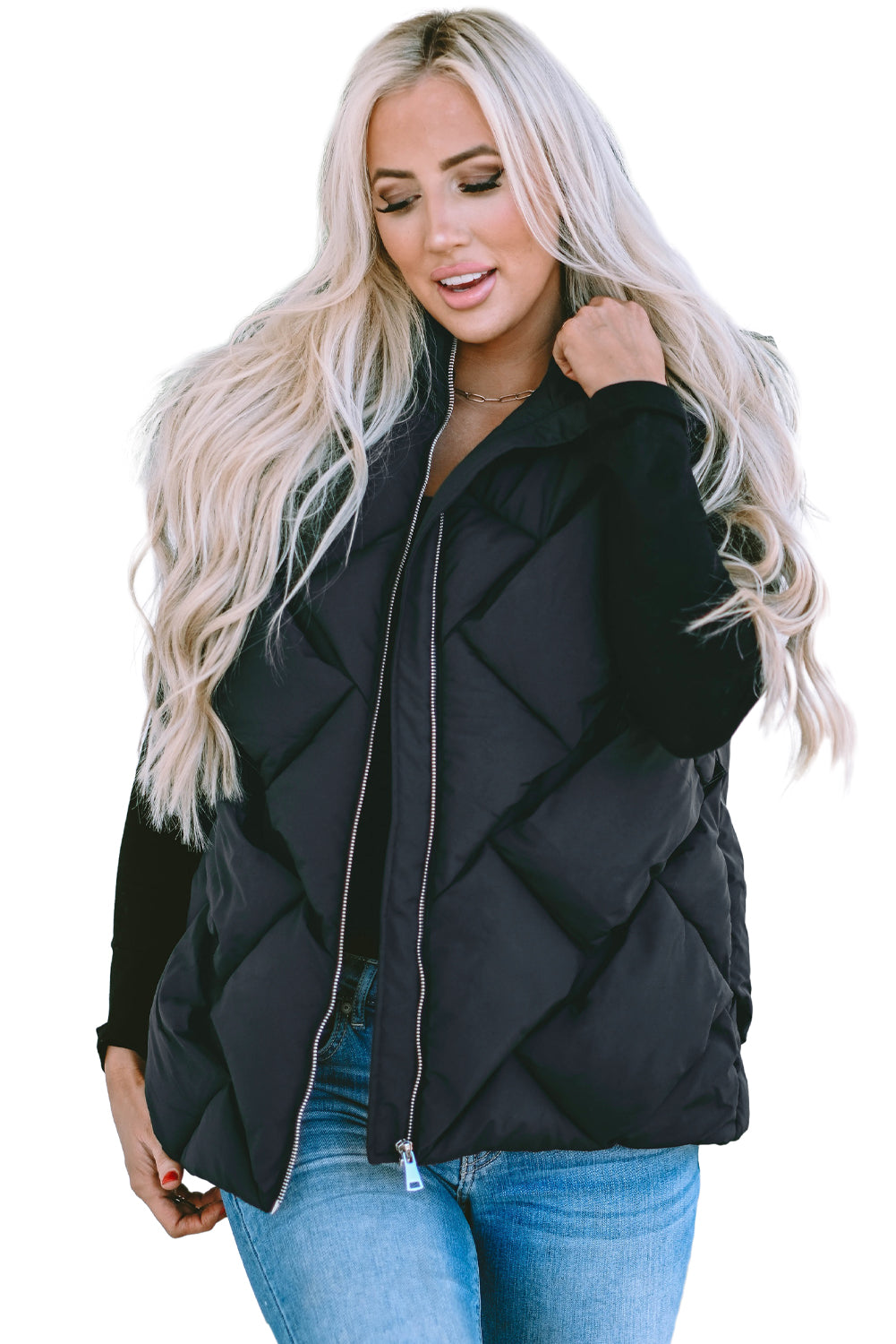 Black Quilted Zipper Front Hooded Vest