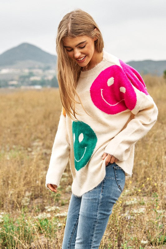 Smile Printed Long Sleeve Loose Fir Knit Sweater