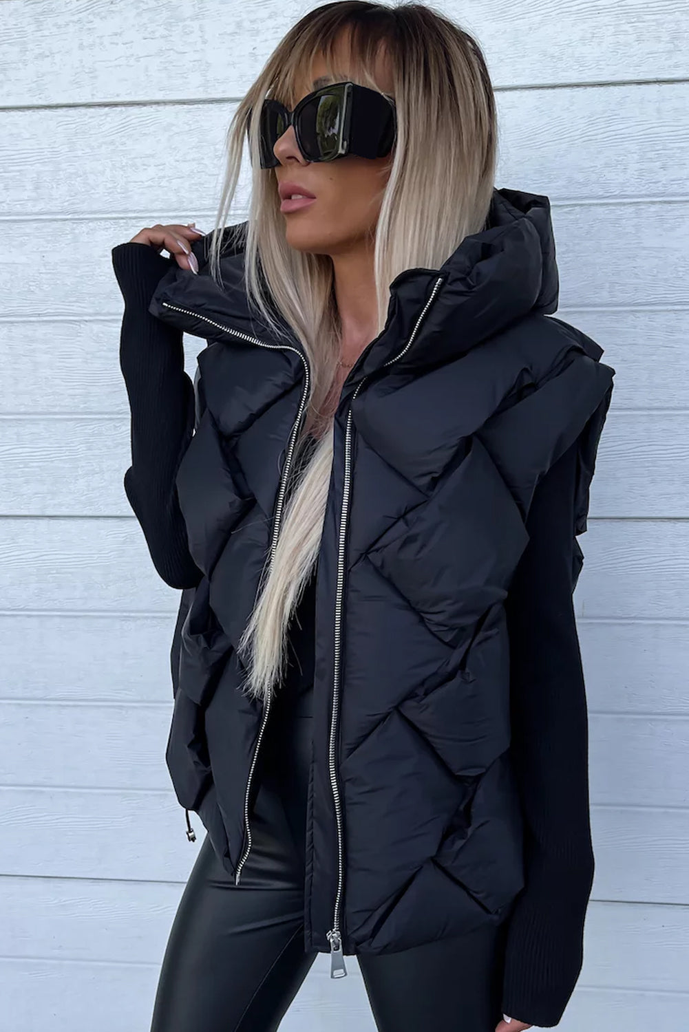 Black Quilted Zipper Front Hooded Vest