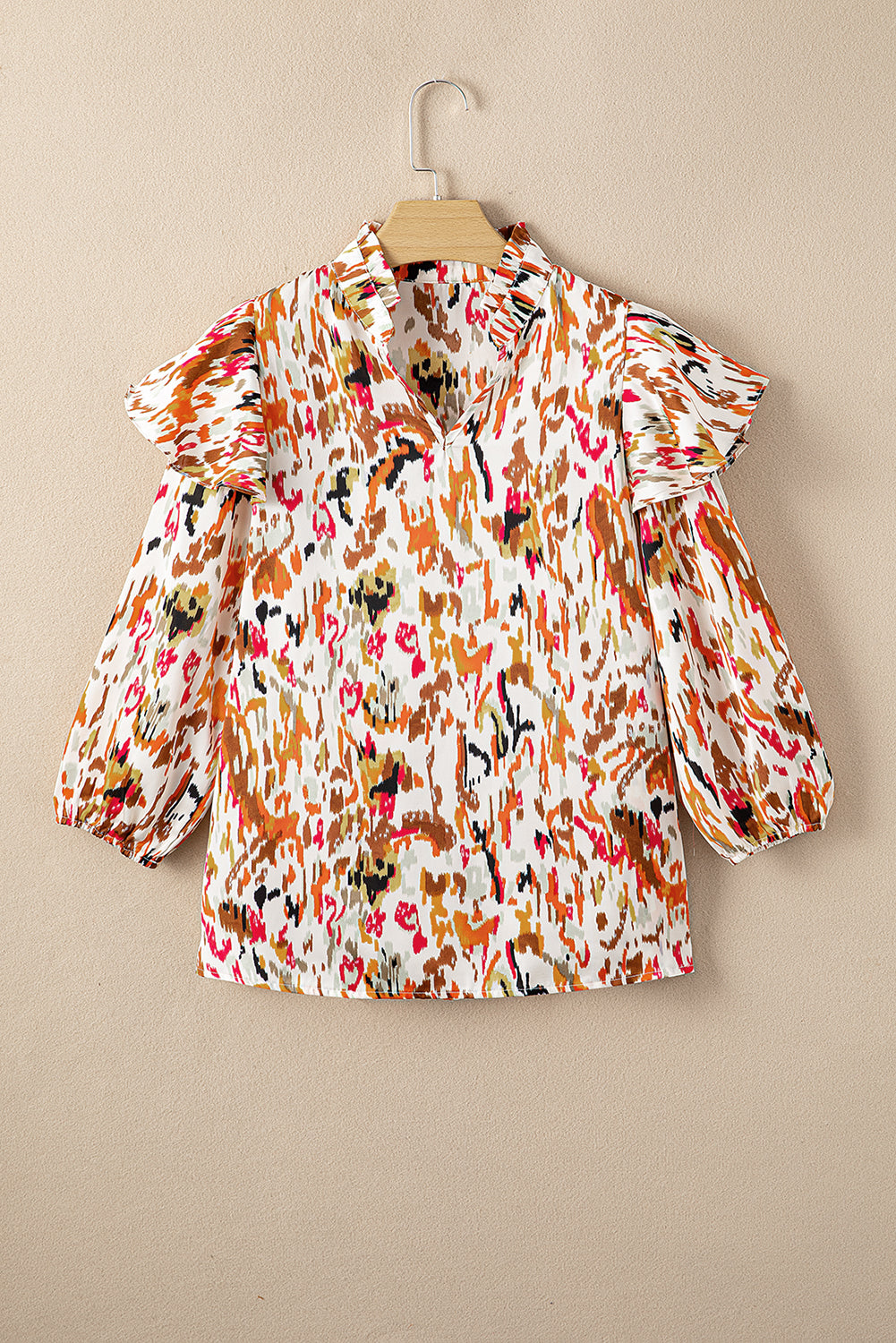 Multicolor Abstract Print 3/4 Puff Sleeve Ruffle Blouse