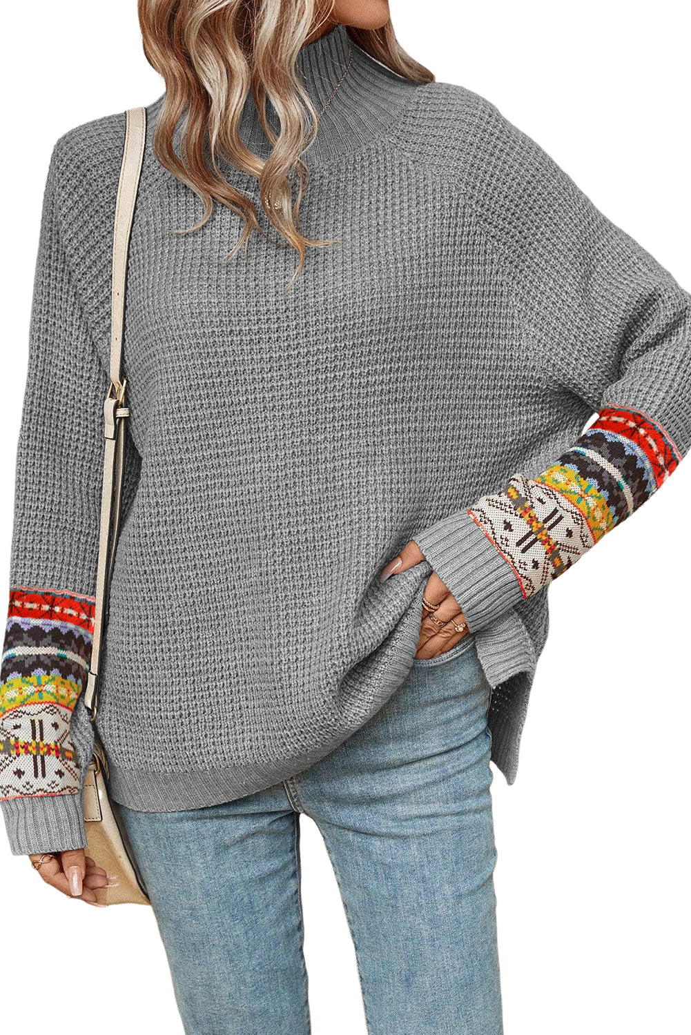 Gray Mock Neck Geometric Patch Batwing Sleeve Sweater