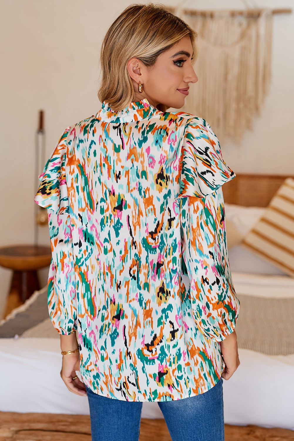 Multicolor Abstract Print 3/4 Puff Sleeve Ruffle Blouse