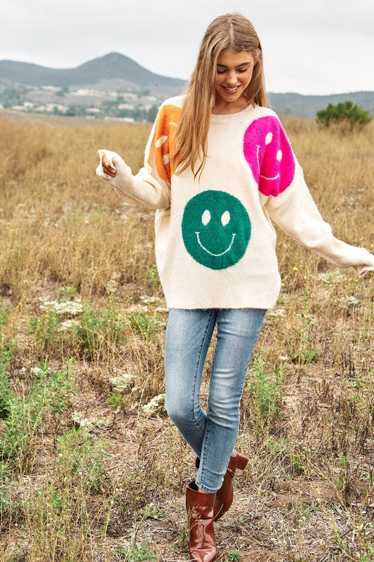 Smile Printed Long Sleeve Loose Fir Knit Sweater