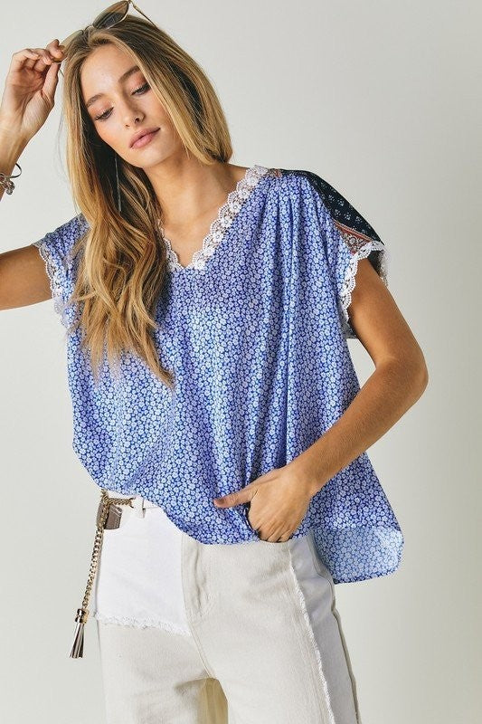 Blue Printed Lace V-Neck Top