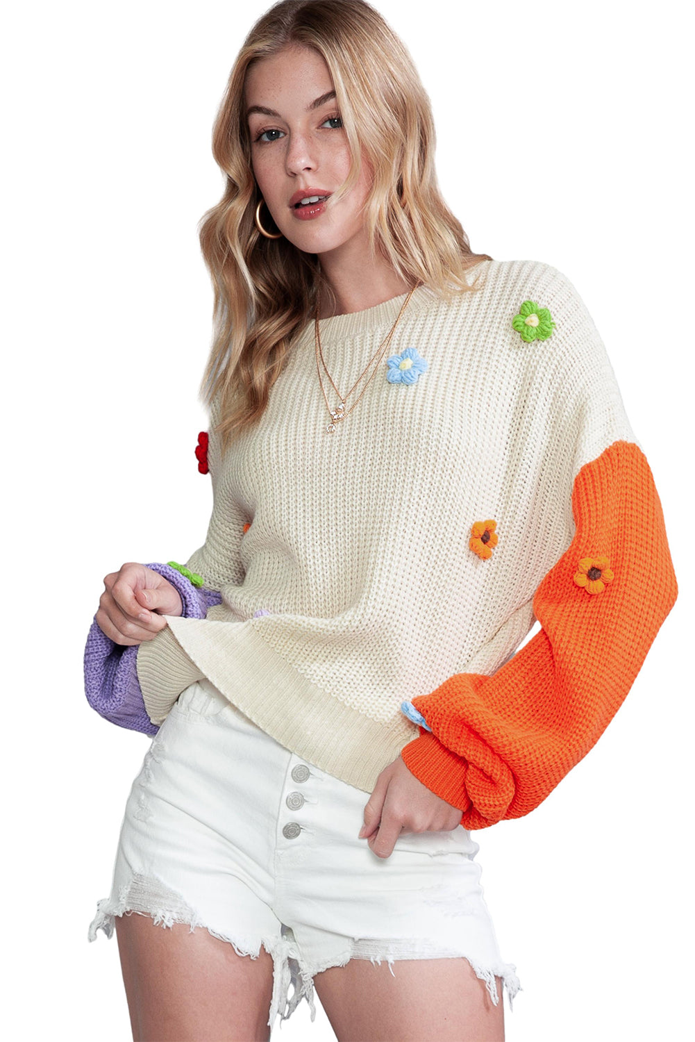 Multicolor Patchwork Floral Applique Knitted Sweater