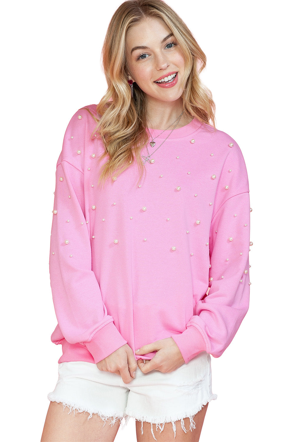 Pink Pearl Decor Ribbed Contrast Round Neck Sweatshirt