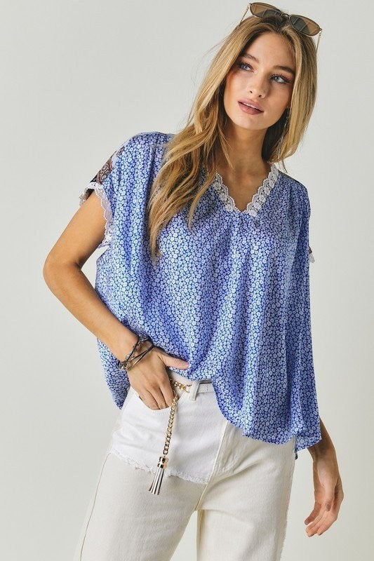 Blue Printed Lace V-Neck Top