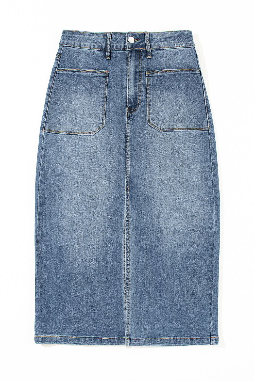 Sky Blue 4 Patch Pockets Front Slit Denim Skirt