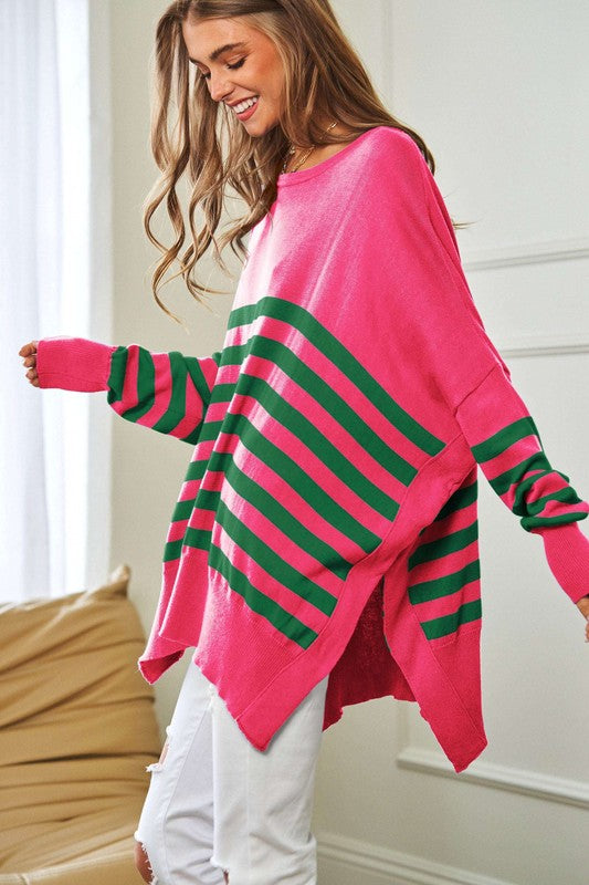 Multi Striped Elbow Patch Loose Fit Sweater Top