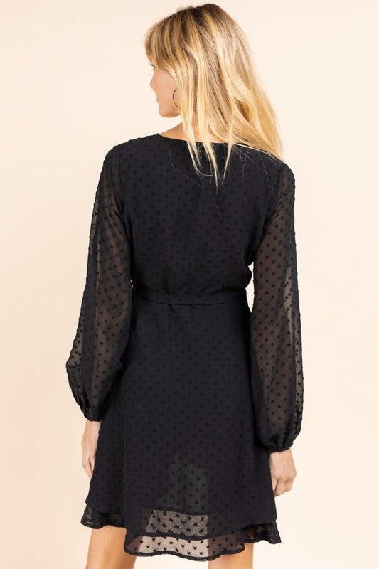 Long Sleeve Double Layer Wrap Dress: LBD