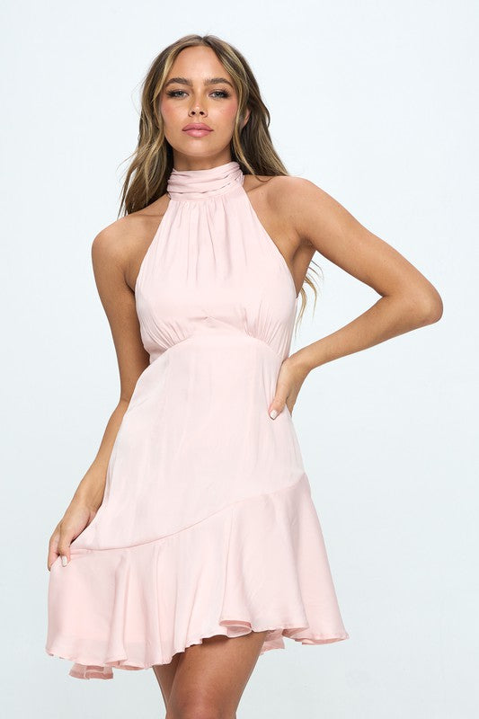 Sassy Girl Halter Neck Satin Mini Dress