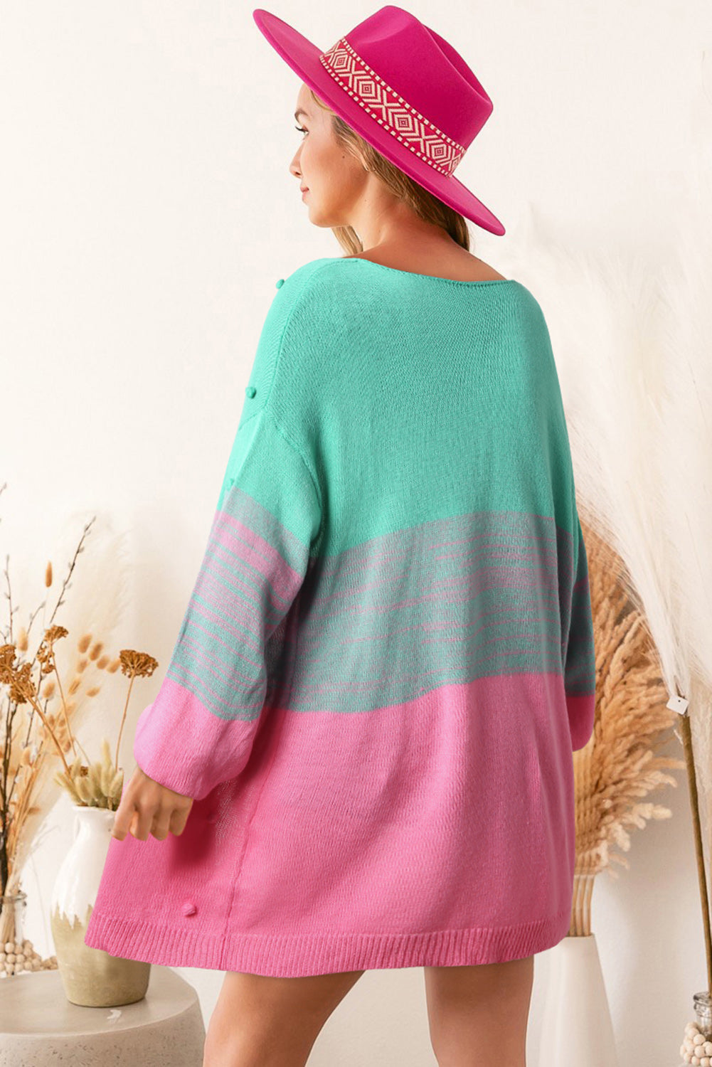 Rose Pompom Color Block Knit Open Front Cardigan