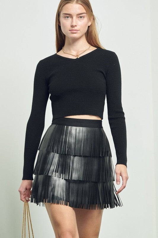 FAUX LEATHER FRINGE SKIRT