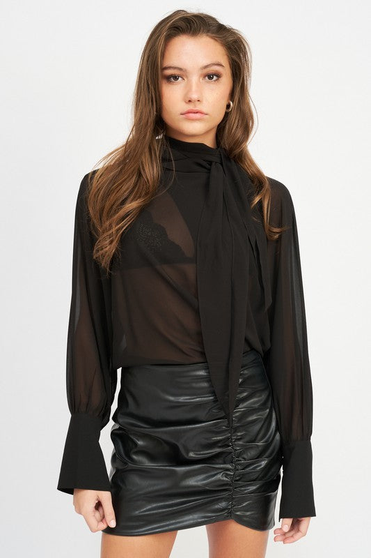 CONTRASTED SHEER TOP WITH SCARF DETAIL