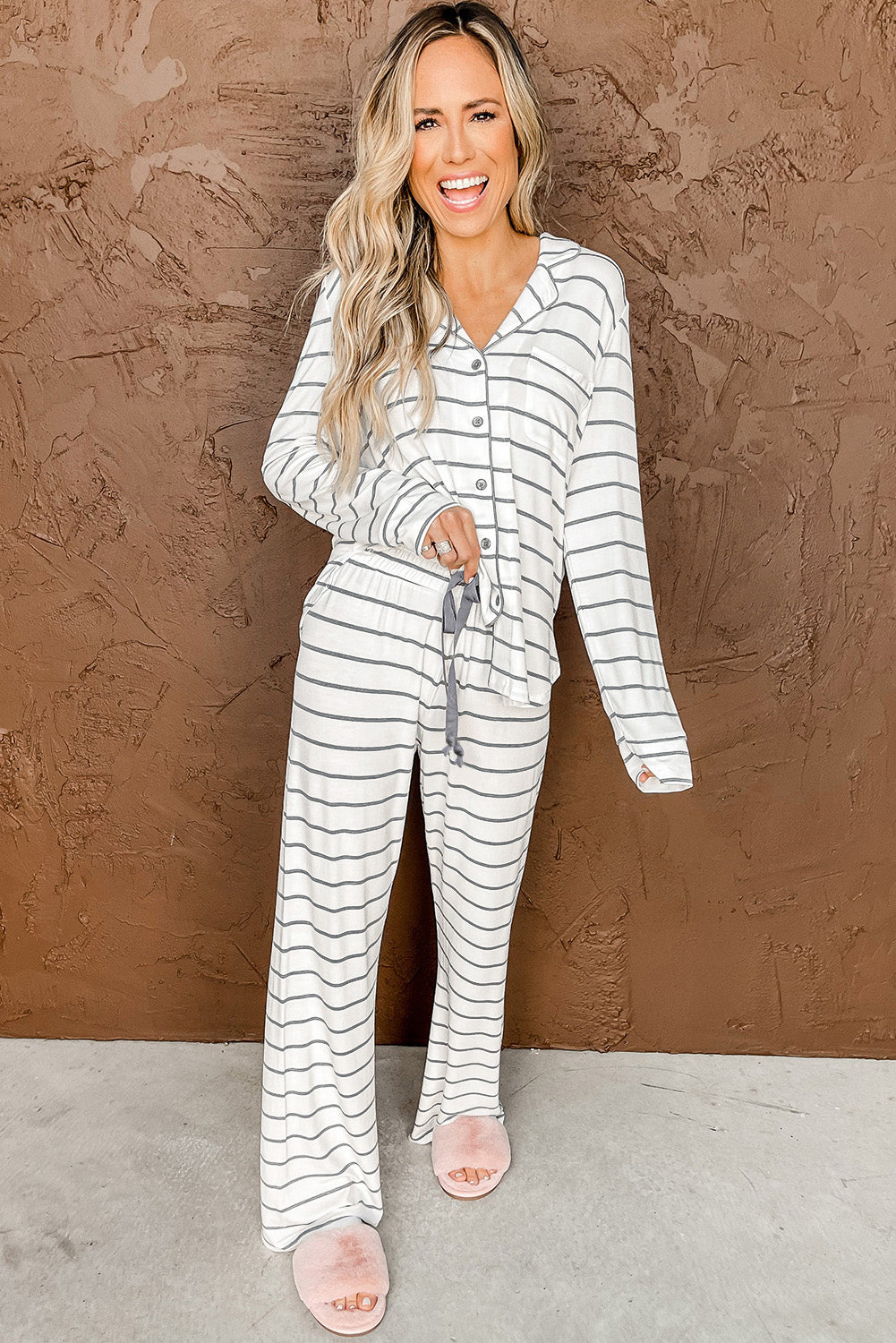 Striped Print Long Sleeve Pajamas Set