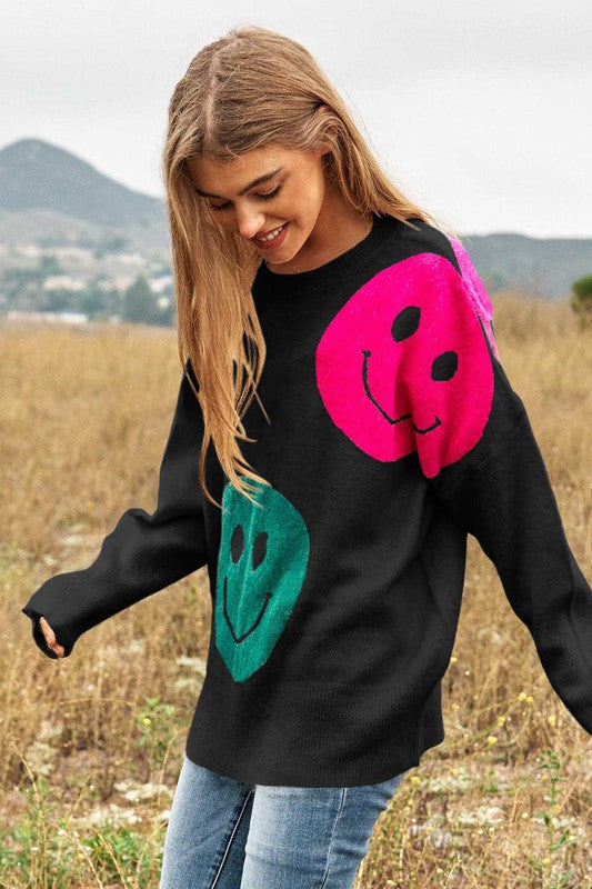 Smile Printed Long Sleeve Loose Fir Knit Sweater