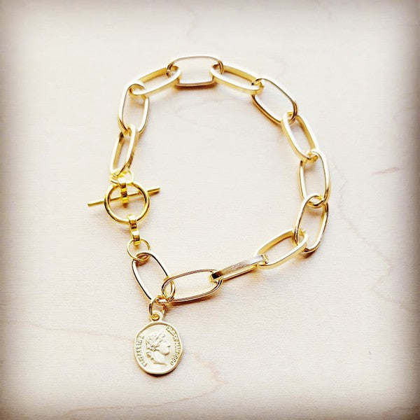 Gold Link Bracelet with Matte Gold Coin Dangle