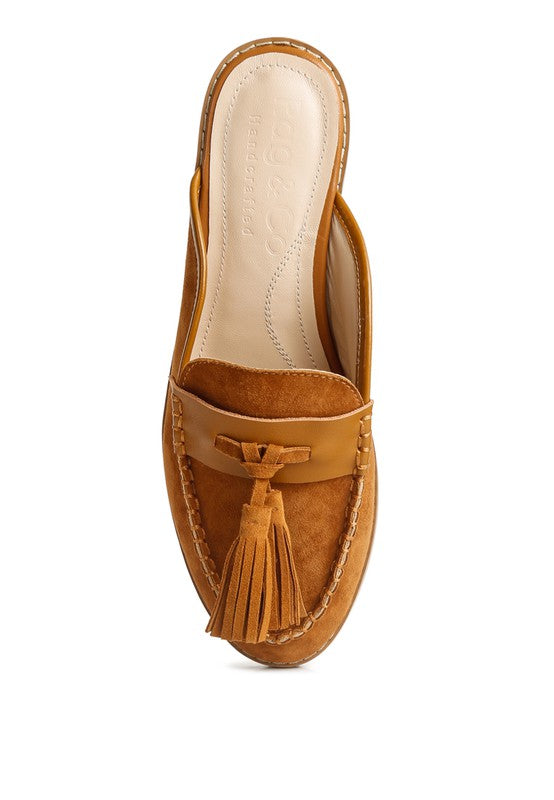 Edmanda Taupe Tassle Detail Leather Mules