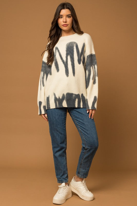 Blue & Cream Long Sleeve Spray Print Sweater