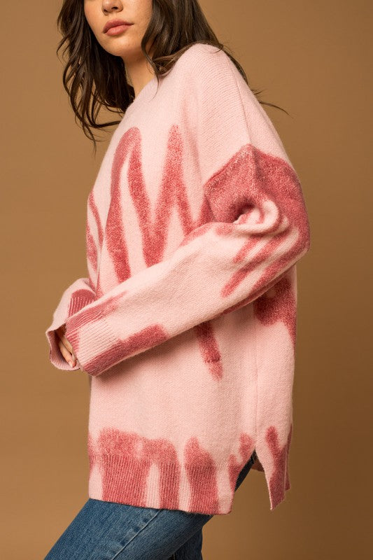 Pink Long Sleeve Spray Print Sweater