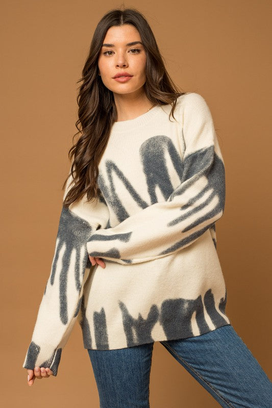 Blue & Cream Long Sleeve Spray Print Sweater