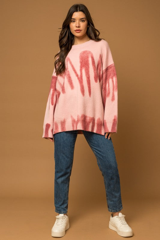 Pink Long Sleeve Spray Print Sweater