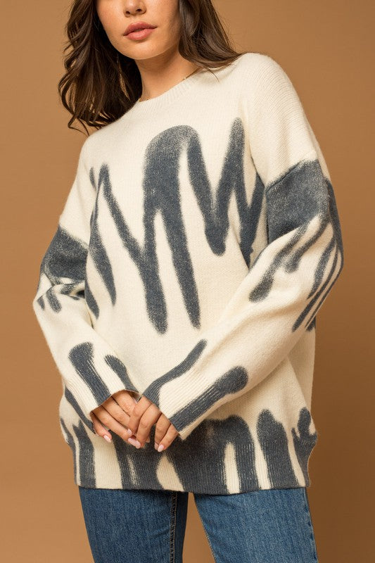 Blue & Cream Long Sleeve Spray Print Sweater