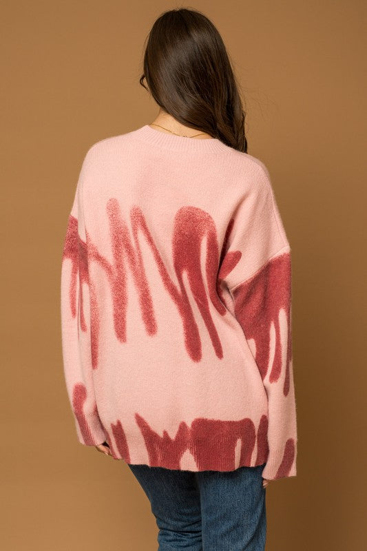 Pink Long Sleeve Spray Print Sweater