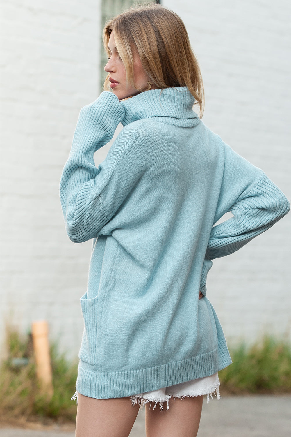 Icy Blue Pockets Turtleneck Ribbed Oversized Sweater