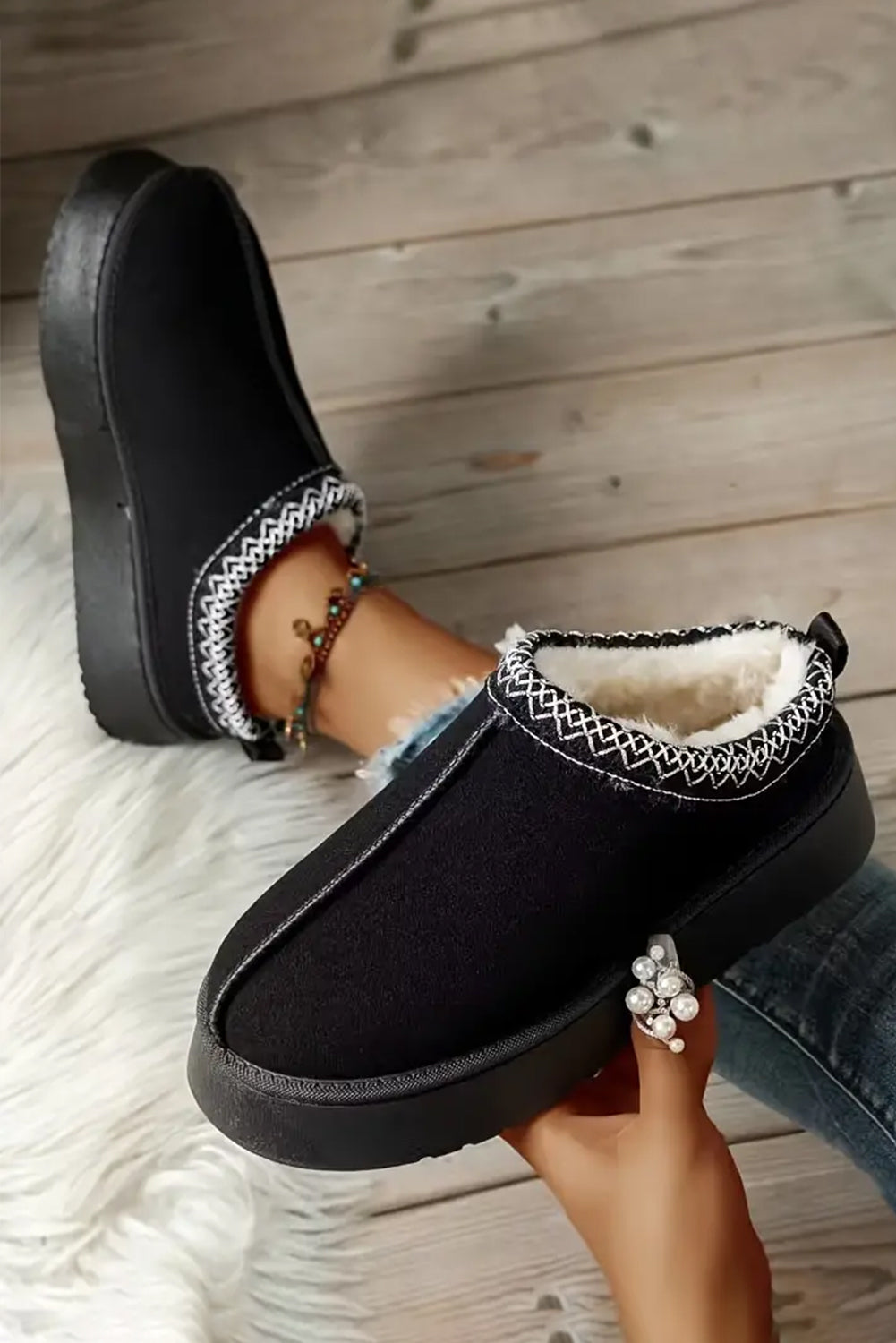 Black Suede Contrast Print Plush Lined Slippers