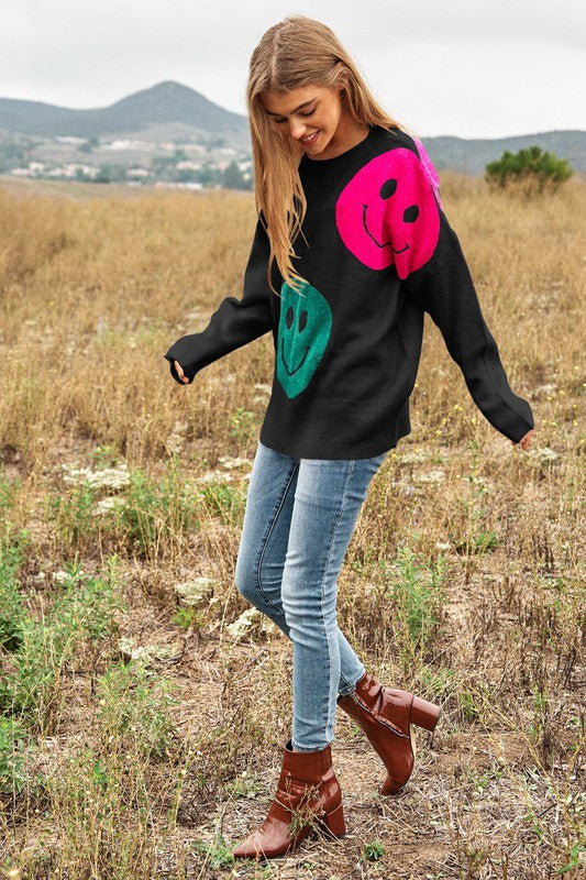 Smile Printed Long Sleeve Loose Fir Knit Sweater