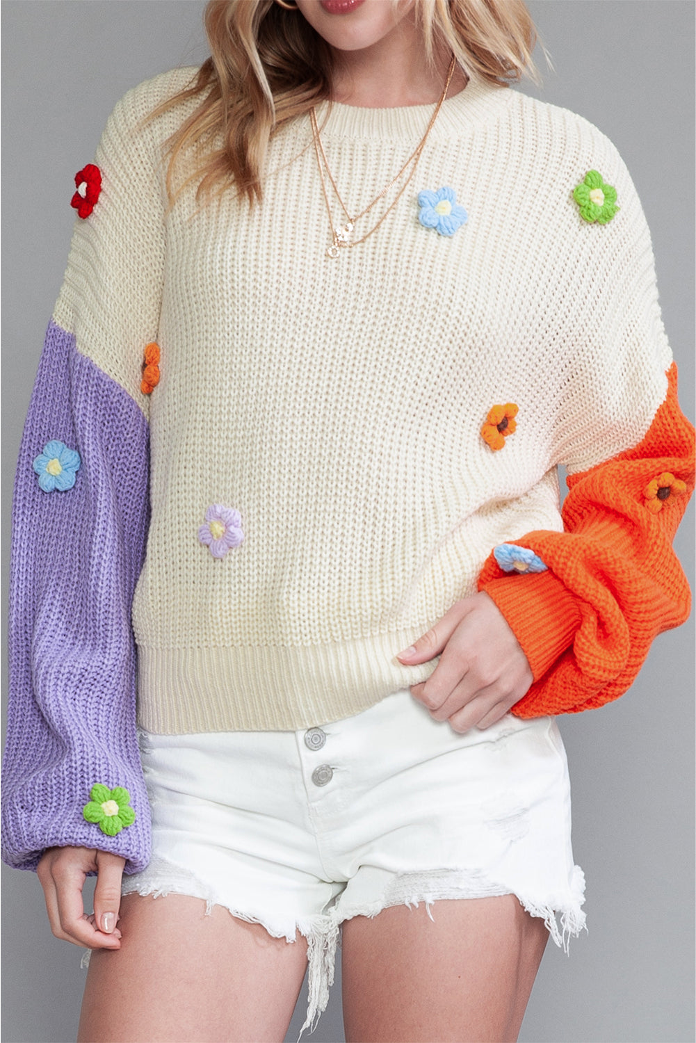 Multicolor Patchwork Floral Applique Knitted Sweater