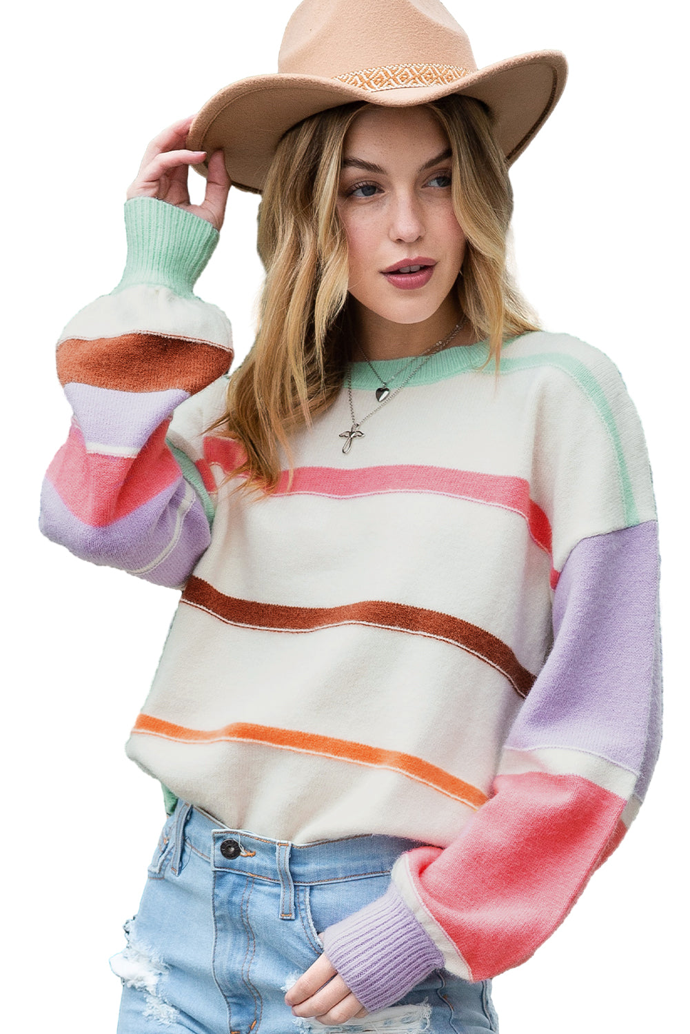 Multicolor Striped Print Drop Shoulder Pullover Crew Neck Sweater