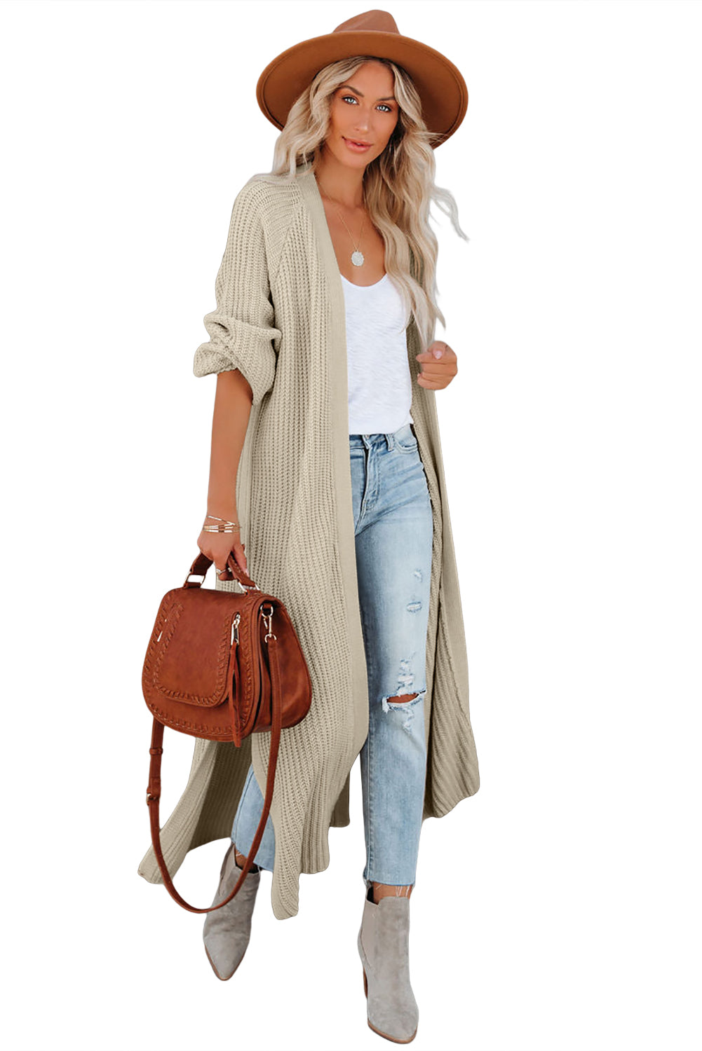 Beige Cable Knit Side Slits Open Front Duster