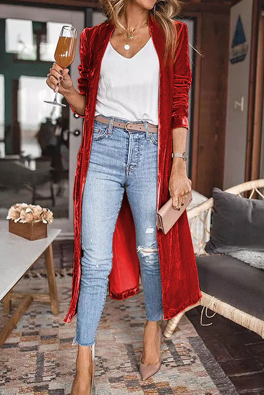 Red Velvet Elegant Pocket Open Front Long Duster