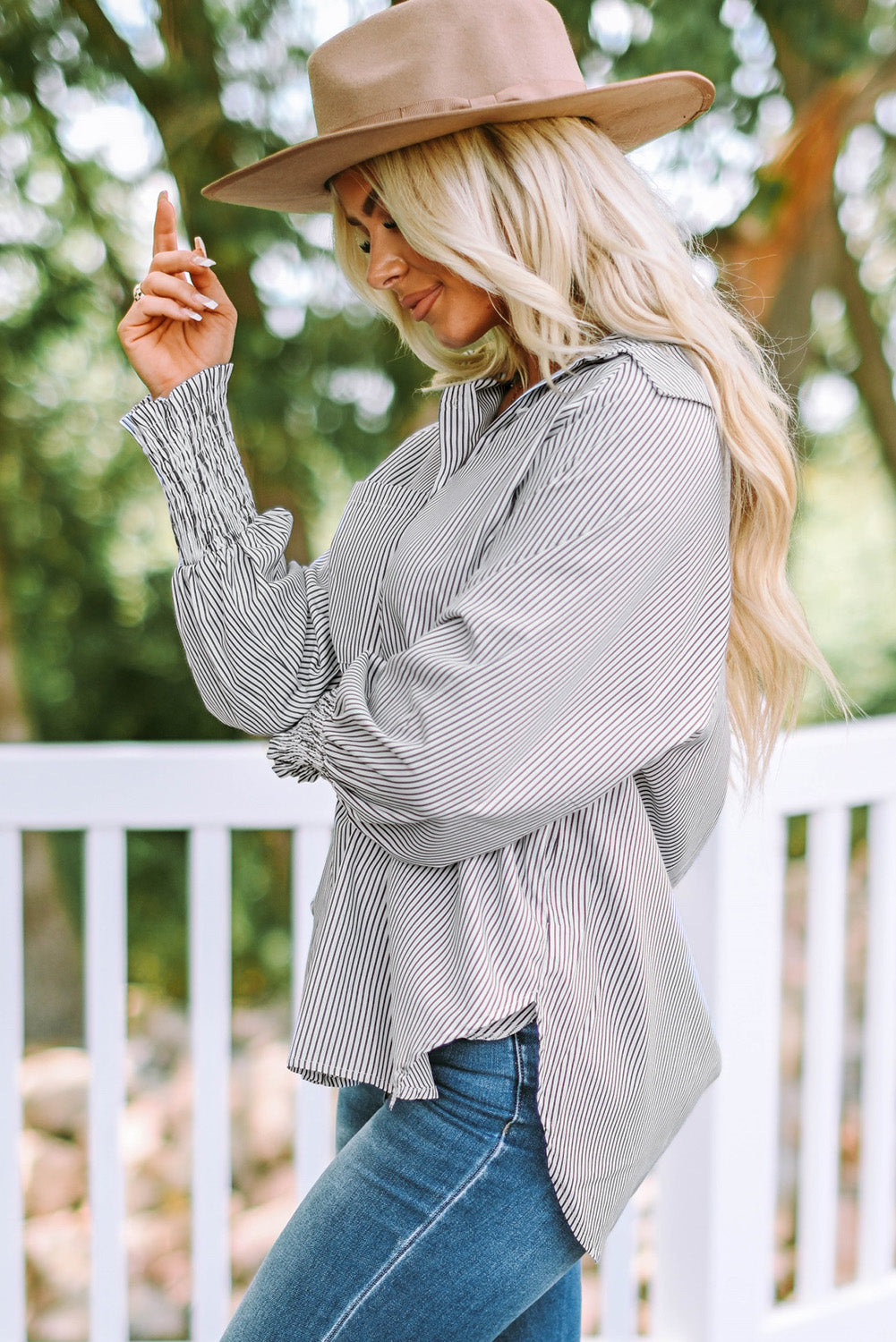 Smocked Cuffed Striped Boyfriend Shirt with Pocket