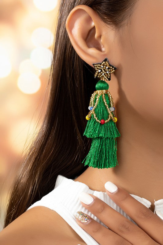 seed bead star and tassel Xmas tree drop earrings