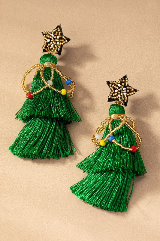 seed bead star and tassel Xmas tree drop earrings