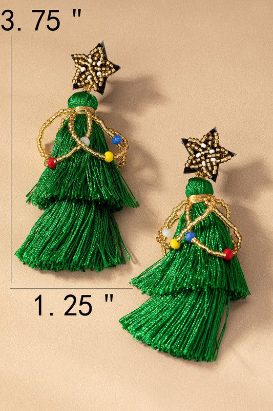 seed bead star and tassel Xmas tree drop earrings