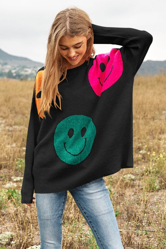 Smile Printed Long Sleeve Loose Fir Knit Sweater