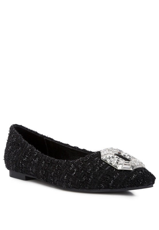 Aria Embellished Jewel Buckle Tweed Ballet Flats