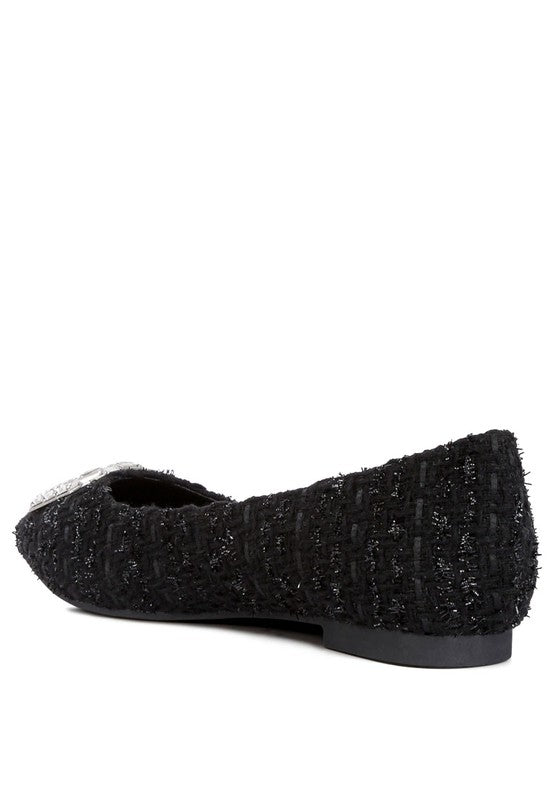 Aria Embellished Jewel Buckle Tweed Ballet Flats