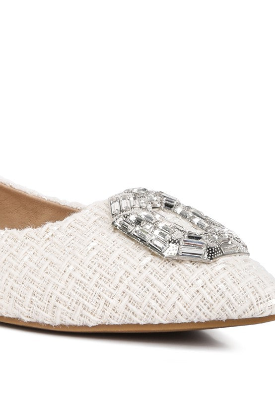 Aria Embellished Jewel Buckle Tweed Ballet Flats