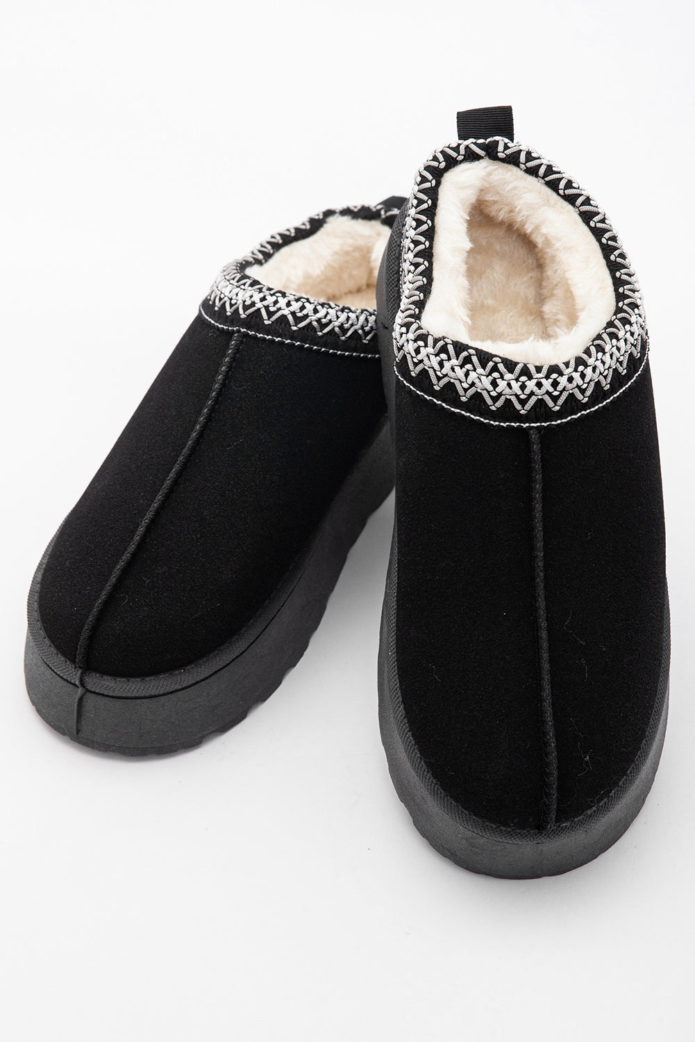 Black Suede Contrast Print Plush Lined Slippers