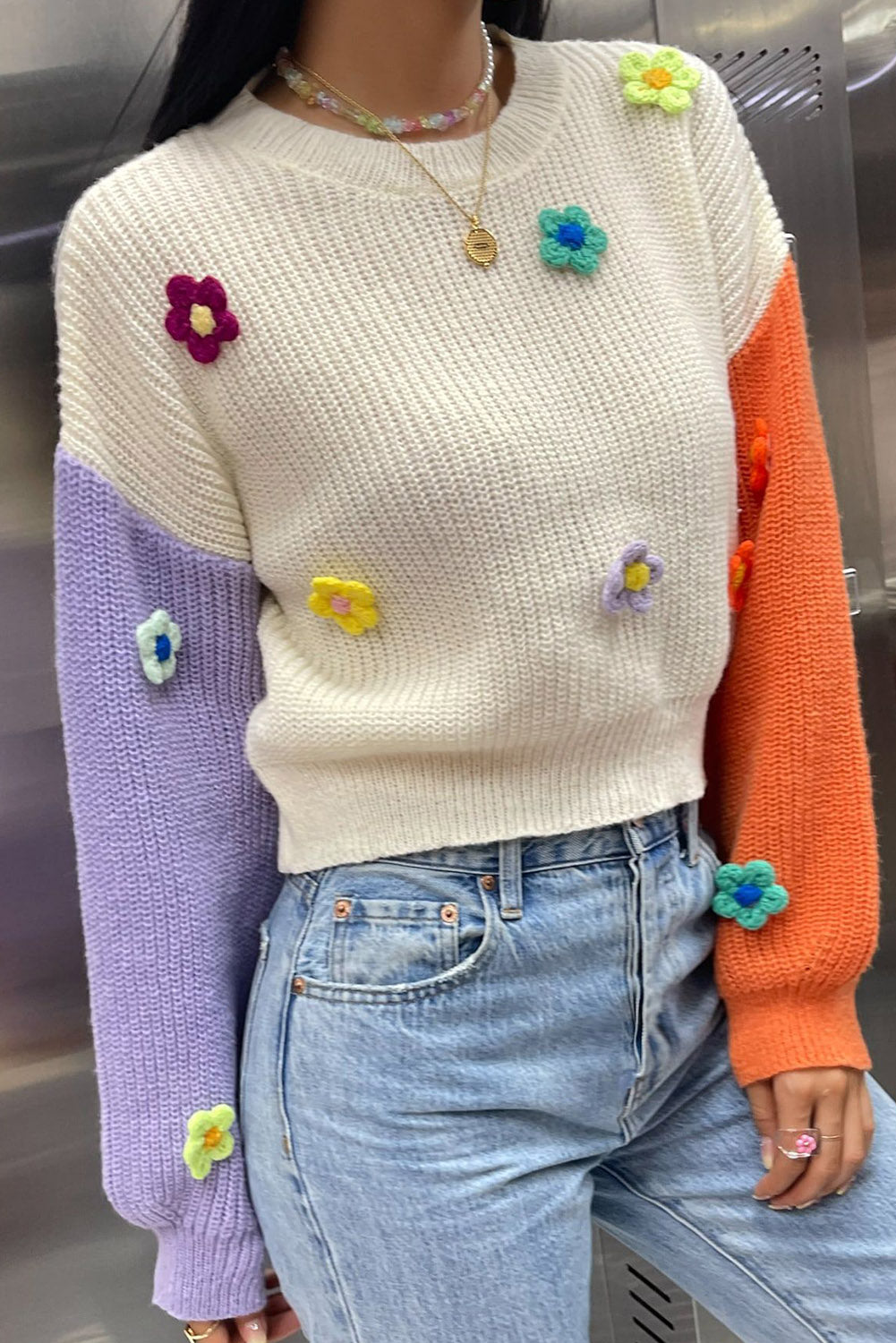 Multicolor Patchwork Floral Applique Knitted Sweater