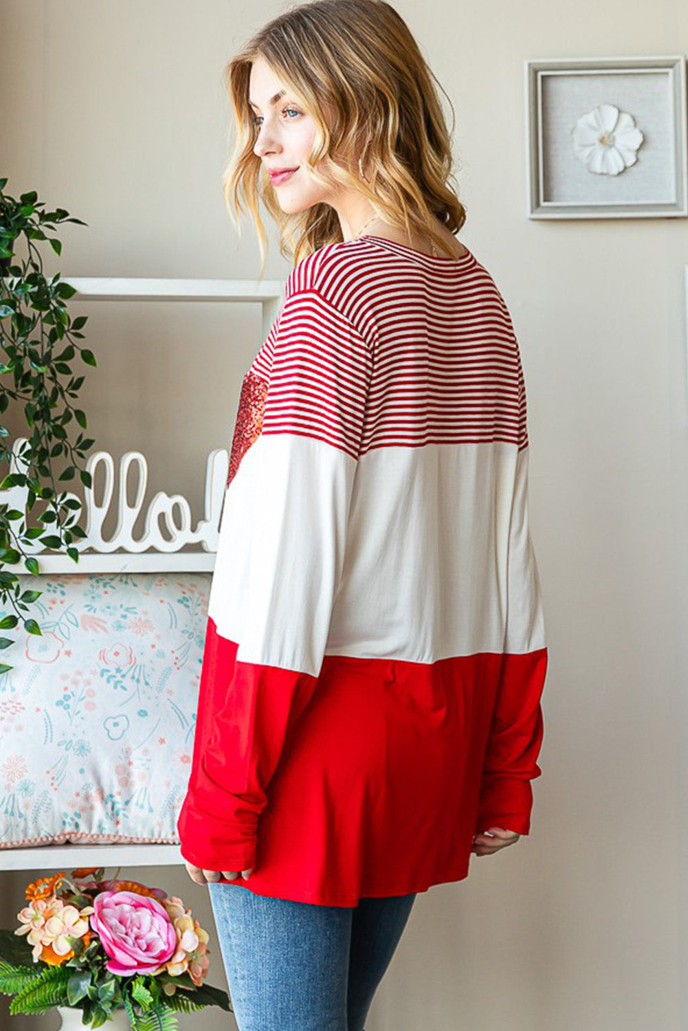 Red Striped Valentines Day Sequin Heart Long Sleeve Top